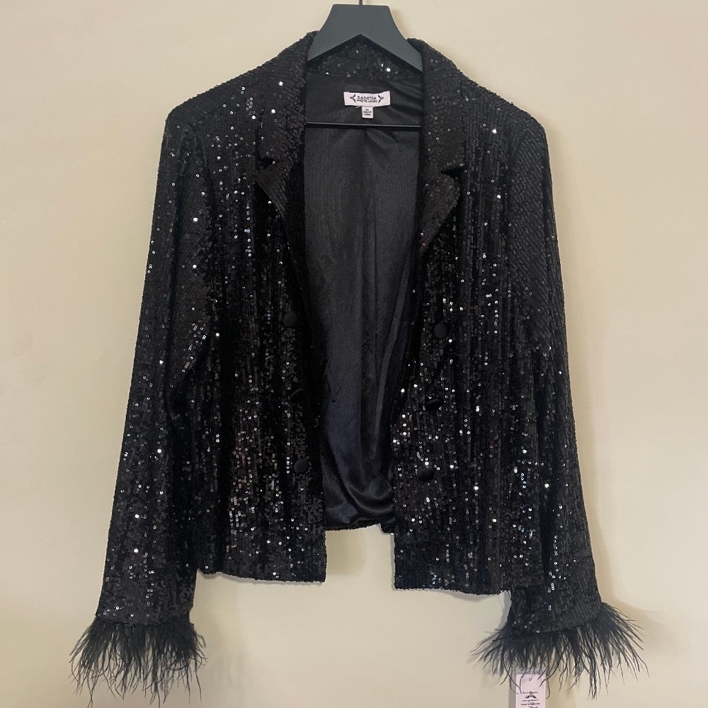 Nanette Lepore Black Sequined Blazer Jacket with Feathered Trim Sleeves |Size XL